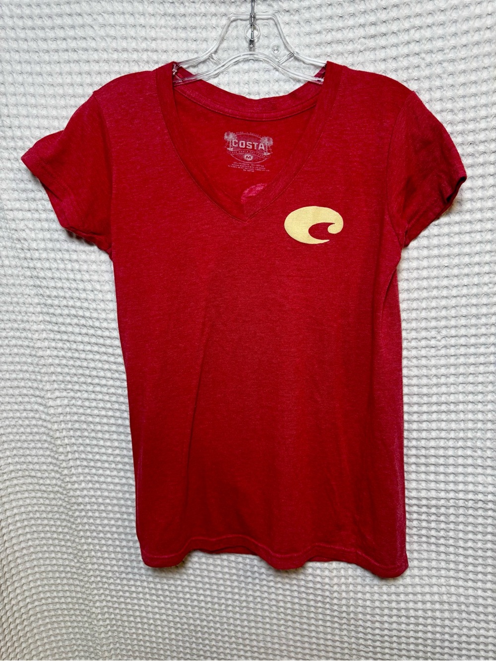 Costa Red V-Neck Beach Tee with Yellow Logo- Size Medium